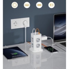 Tessan TPS05-DE-C, 8-sektion forlængerledning, 3 USB A, USB C, 16 A, 3600 W