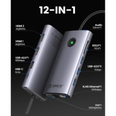 ORICO Estação de ancoragem de 12W1 com portas USB e Áudio, compatível com MacBook