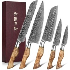Set de cuchillos HEZHEN, 5 piezas, hechas de acero de Damasco