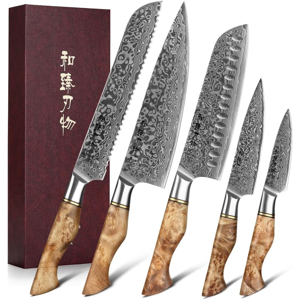 Conjunto de facas Hezhen, 5 peças, feitos de aço Damasco