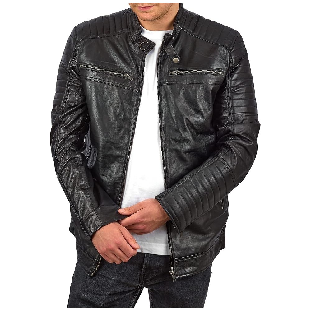 Giacca in pelle da uomo Fapa a maniche lunghe, moto, taglia L, Nero